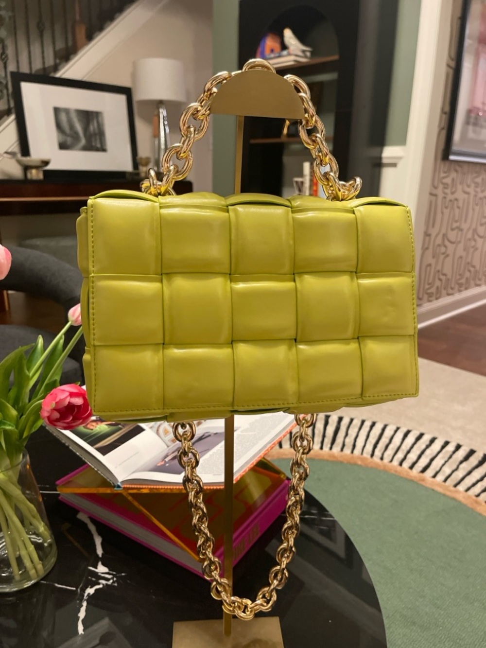Tiffany & Fred Lime Green Genuine Leather Woven Chain Shoulder Bag